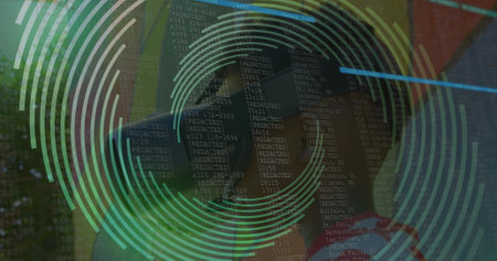 Image of spinning shapes over boy using vr headset. social media messaging and global communication...