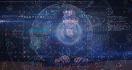 Image of cyber attack warning over hacker, globe and data processing. global internet security, cyber crime, connections and data processing concept digitally generated image.の写真素材