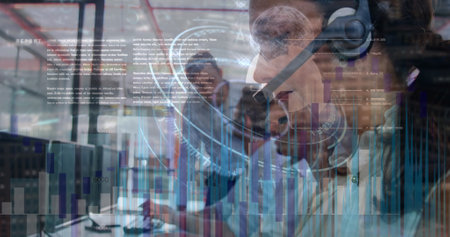 Image of statistics and data processing over business people using phone headsets. global business, finances, data processing and digital interface concept digitally generated image.の写真素材