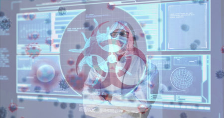 Image of biohazard icon, virus cells, digital interface over male doctor wearing face mask. global...