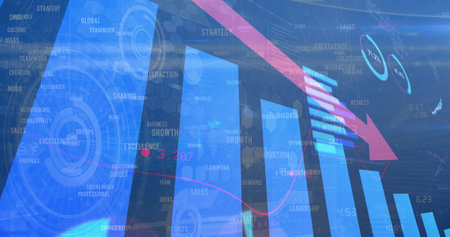 Image of red arrow with statistics processing over scopes scanning. global business, finances, data processing and digital interface concept digitally generated image.の写真素材