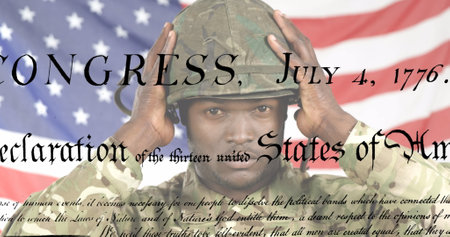 Image of document over flag of usa and african american male soldier. Patriotism and digital...