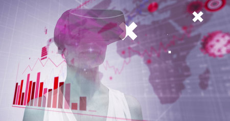 Abstract shapes and neon barcode against woman wearing vr headset. image game interface and...
