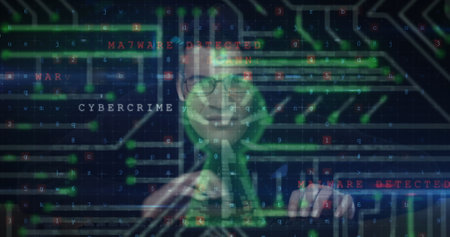 Image of cyber attack warning over online security padlock and hacker. global internet security, data processing, connections and digital interface concept digitally generated image.の写真素材