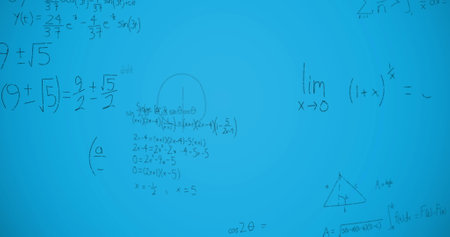 Image of mathematical equations over blue background. global education, connections, data processing...