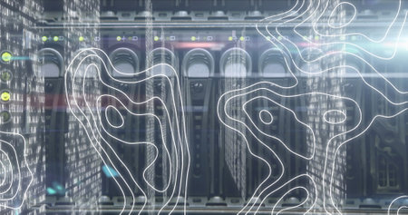 Image of data processing over server room. Global business and digital interface concept digitally...