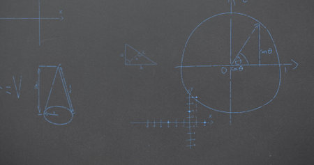 Image of mathematical equations over grey background. global education, connections, data processing and technology concept digitally generated image.の写真素材