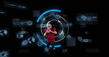 Image of caucasian male rugby player over scope scanning on black background