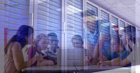 Image of computer server over students and teacher. global connections, education, digital...