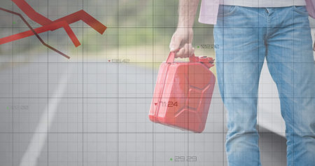 Image of financial data processing over man carrying fuel canister. global fuel business an...