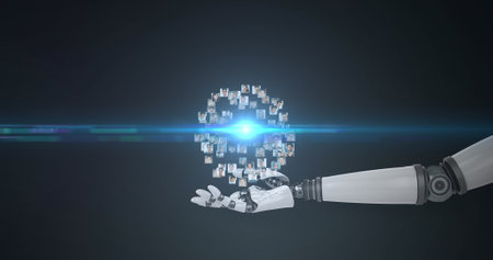 Image of growing network of people over hand of robot arm, with moving light on dark background. electrical engineering technology, communication and research concept digitally generated image.の写真素材