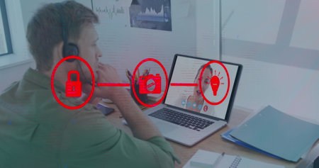 Image of online icons over caucasian man using phone headset and laptop. global business,...
