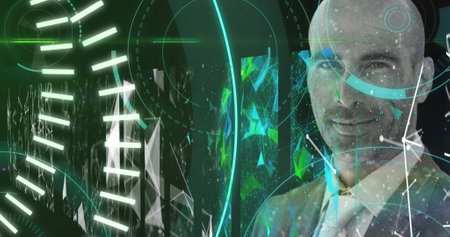 Image of scope scanning and data processing over smiling businessman. global business, technology,...