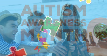 Image of colourful puzzle pieces and autism text over happy friends at summer beach party. autism,...