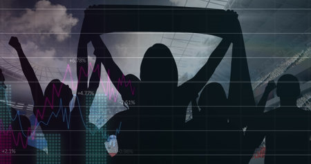 Image of graphs and data processing over cheering sports fans at stadium. sport, competition, global...