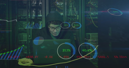 Image of data processing over asian male hacker in hoodie with laptop by computer servers. online...