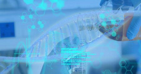 Image of scientific data processing over dna strand spinning. global science, research, data...