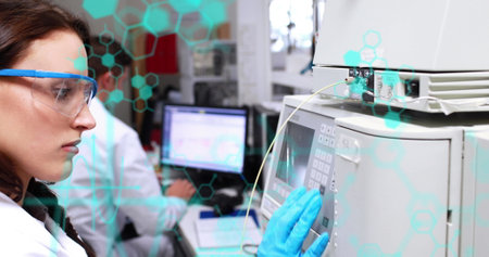 Image of scientific data processing over female scientist using computer. global science, research,...