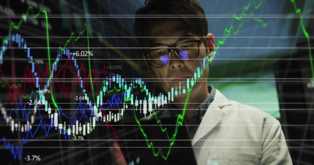 Image of statistics processing over asian male it engineer with tablet by computer server. data...