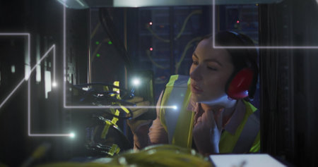 Image of connections over caucasian female it engineer with smartphone by computer server. data...