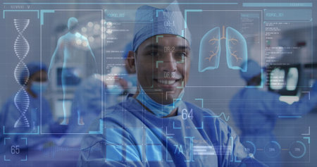 Image of medical data processing over smiling male surgeon in operating theatre. medicine and healthcare services concept digitally generated image.の写真素材