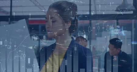 Image of statistics and data processing over businesswoman. global connections, business and finance...