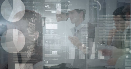 Image of statistics and financial data processing over architects with plans in meeting. global...