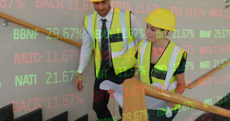 Image of statistics processing over female architect holding plans at construction site. business,...