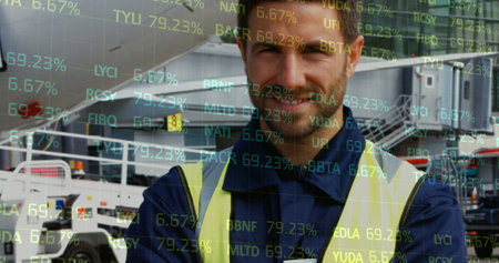 Image of statistics processing over smiling male worker in factory. business, development and...