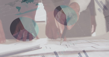 Image of statistics and data processing over architects with plans in meeting. global architecture, business, data processing and digital interface concept digitally generated image.の写真素材