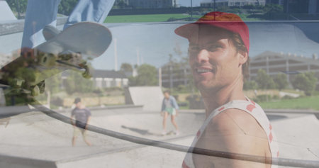 Image of caucasian man skateboarding over caucasian man smiling in skate park. hobby and lifestyle...