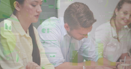 Image of statistics and financial data processing over business people in meeting. global business,...