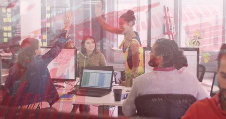 Image of financial data processing over diverse business people in office. global business, finances and digital interface concept digitally generated image.の写真素材