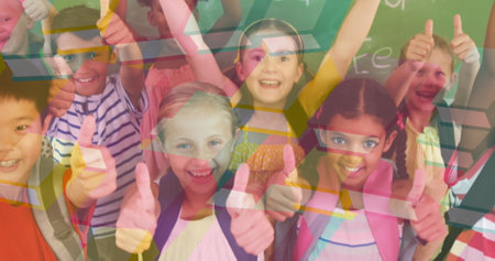 Image of books moving over happy school children giving thumbs up. children&#39;s book day, reading and education concept digitally generated image.の写真素材