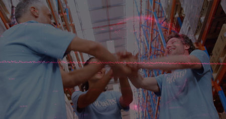 Image of financial data processing over diverse volunteers in warehouse. global shipping, delivery...