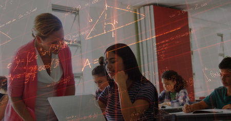 Image of mathematical formulas over students and teacher in classroom. education and learning...