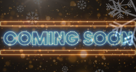 Image of coming soon text over snow falling at christmas. christmas, winter, tradition and celebration concept digitally generated image.の写真素材