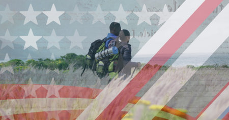 Image of american flag over diverse couple hiking in mountains. patriotism and celebration concept...