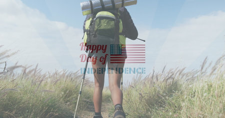 Image of independence day text over biracial woman hiking. patriotism and celebration concept digitally generated image.の写真素材