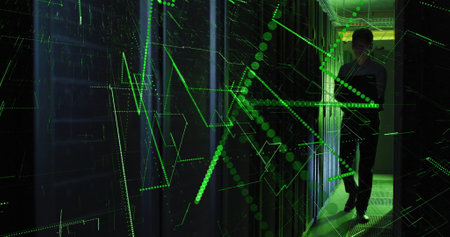 Image of data processing over asian male it engineer with laptop by computer server. data...