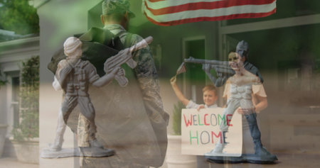 Image of happy caucasian family with american flags over toy soldiers. patriotism and celebration concept digitally generated image.の写真素材