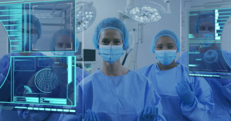 Image of data processing over diverse doctors with face masks. medical and healthcare services...