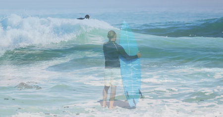 Image of double exposure of surfing people. sports, free time, active leisure time concept digitally generated image.の写真素材