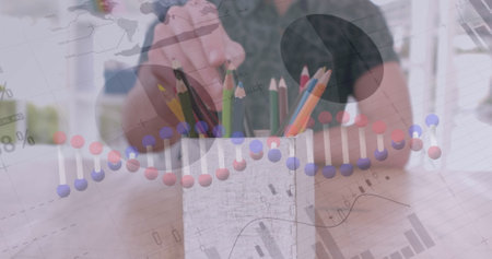 Image of dna strand, statistics and data processing over people taking colour pencils in office....