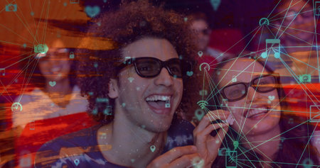 Image of data processing over smiling caucasian couple eating popcorn in cinema. popcorn day and...