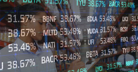 Image of financial data processing over woman with clipboard working in warehouse. global shipping,...