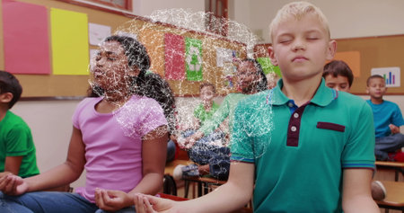 Image of network of connections over diverse schoolkids in class at school. learning and education...