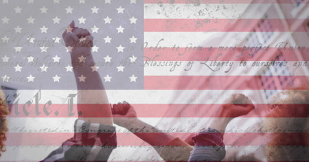 Image of flag of united states of america over people protesting in street. american patriotism,...