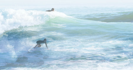 Image of caucasian man surfing over caucasian man surfing and sea. hobby and lifestyle concept digitally generated image.の写真素材