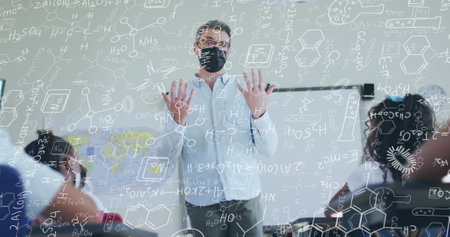 Image of chemical equations over diverse schoolchildren and teacher wearing face masks. education, learning and development during covid 19 pandemic concept digitally generated image.の写真素材